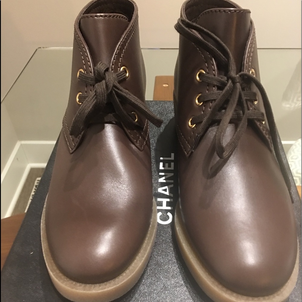CHANEL CALFSKIN LACE UP BROWN ANKLE BOOTS